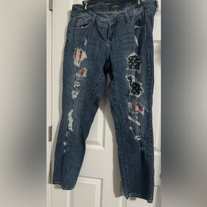 torrid Distressed Dark Blue Jeans with Flag Patch Insets